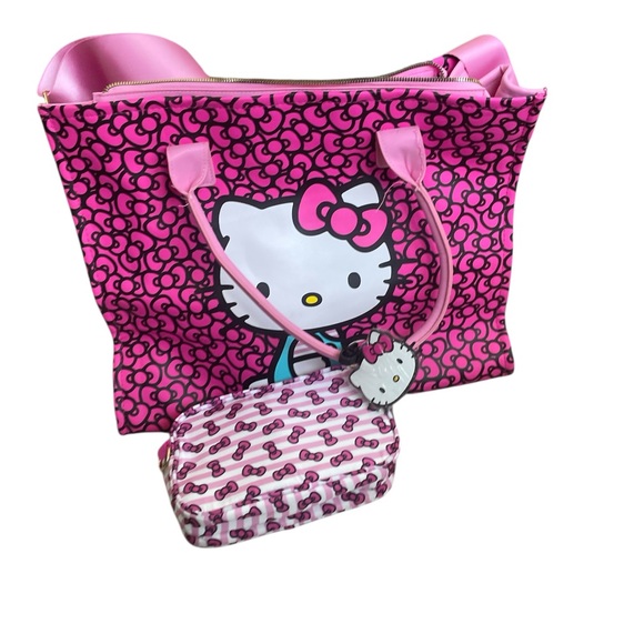 Hello Kitty Sanrio Travel Tote Crossbody Pink Patterned Bag Set